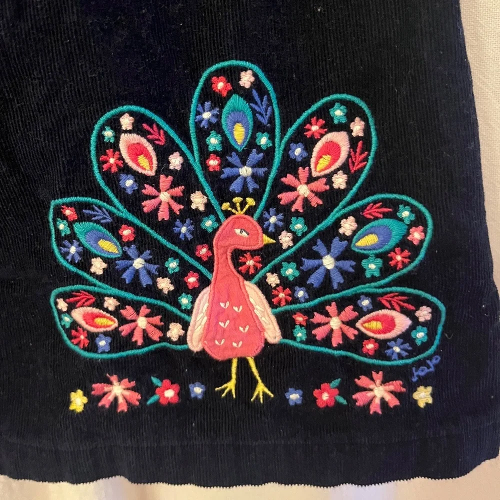 JoJo Maman Bebe Navy Corduroy Dress with Pink Peacock Embroidery